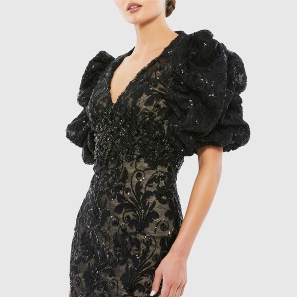 $598 Mac Duggal 12440 Size 10 Black Floral Lace Puff Sleeve V-Neck Midi Dress - Picture 3 of 11